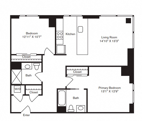 Floor plan for 2 beds, 2 baths, 1076 sqft